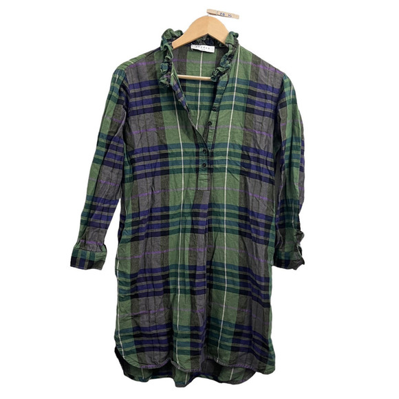 SANDRO PARIS GREEN PLAID LONG SLEEVE RUFFLE NECK HI-LOW SHIRT DRESS Size M - Picture 4 of 16